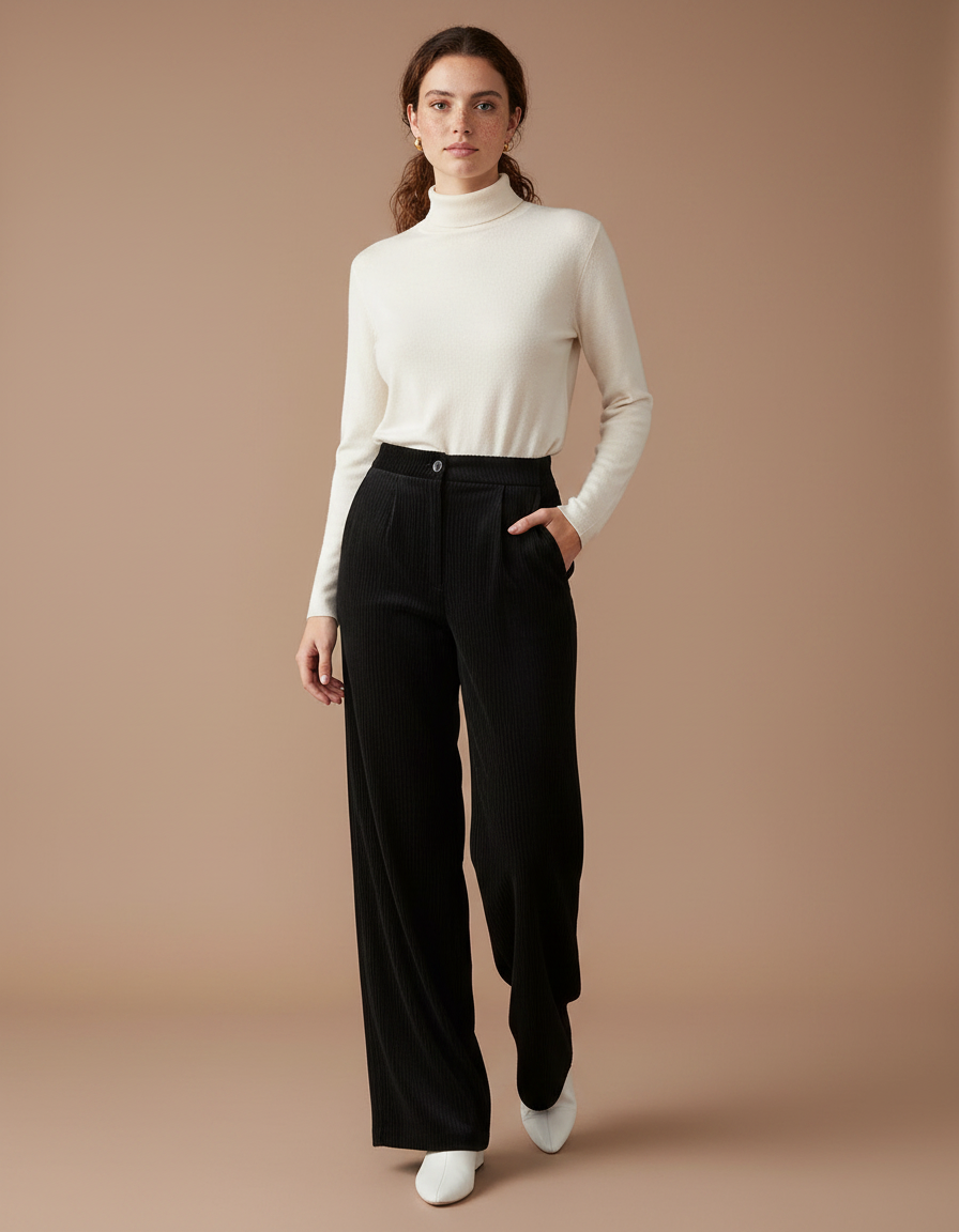 Pantalon Velours Côtelé Noir Large Ample Élégant - Cordé