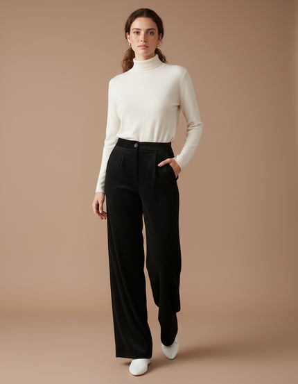 Pantalon Velours Côtelé Noir Large Ample Élégant - Cordé