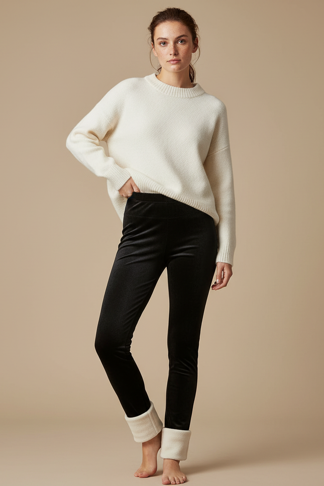Pantalon Velours Noir Slim Doublé Polaire Femme