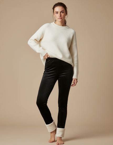 Pantalon Velours Noir Slim Doublé Polaire Femme