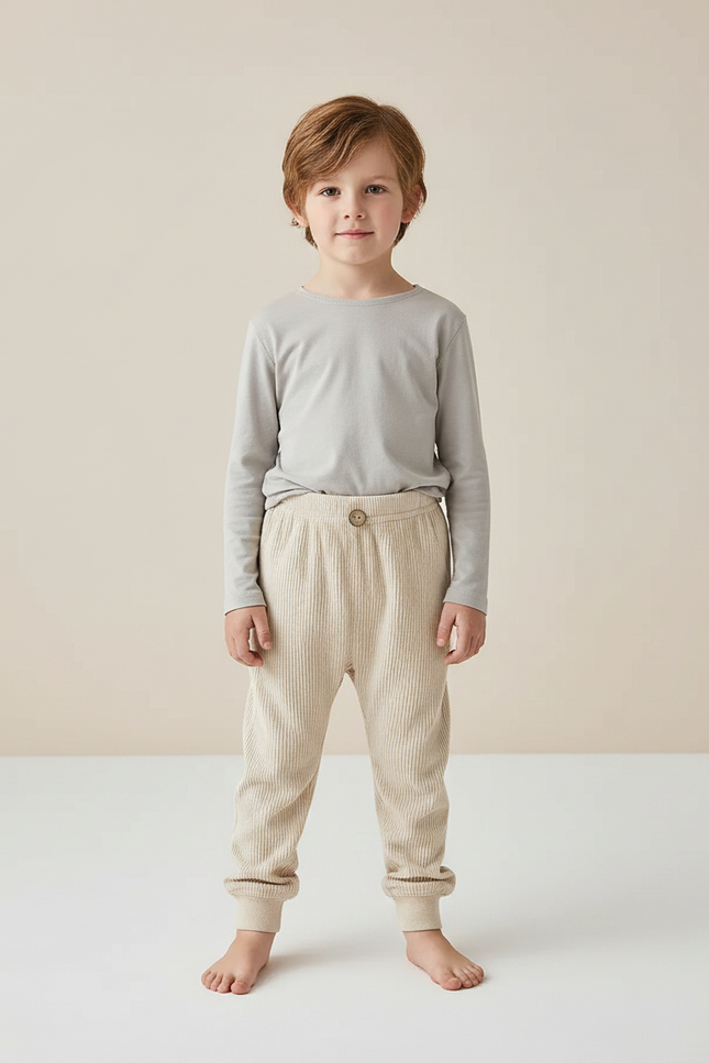 Pantalon Velours Côtelé Beige Élastique Enfant - Cordé