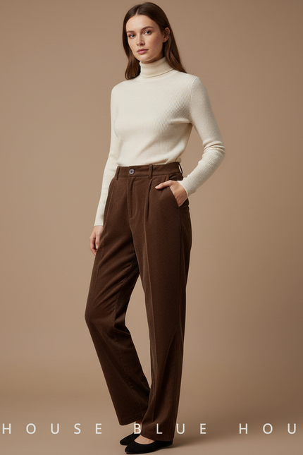 Pantalon Velours Marron Côtelé Taille Haute Droit