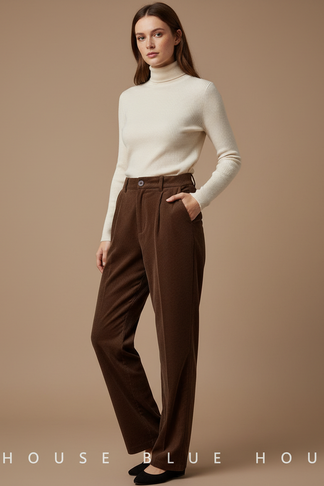 Pantalon Velours Marron Côtelé Taille Haute Droit