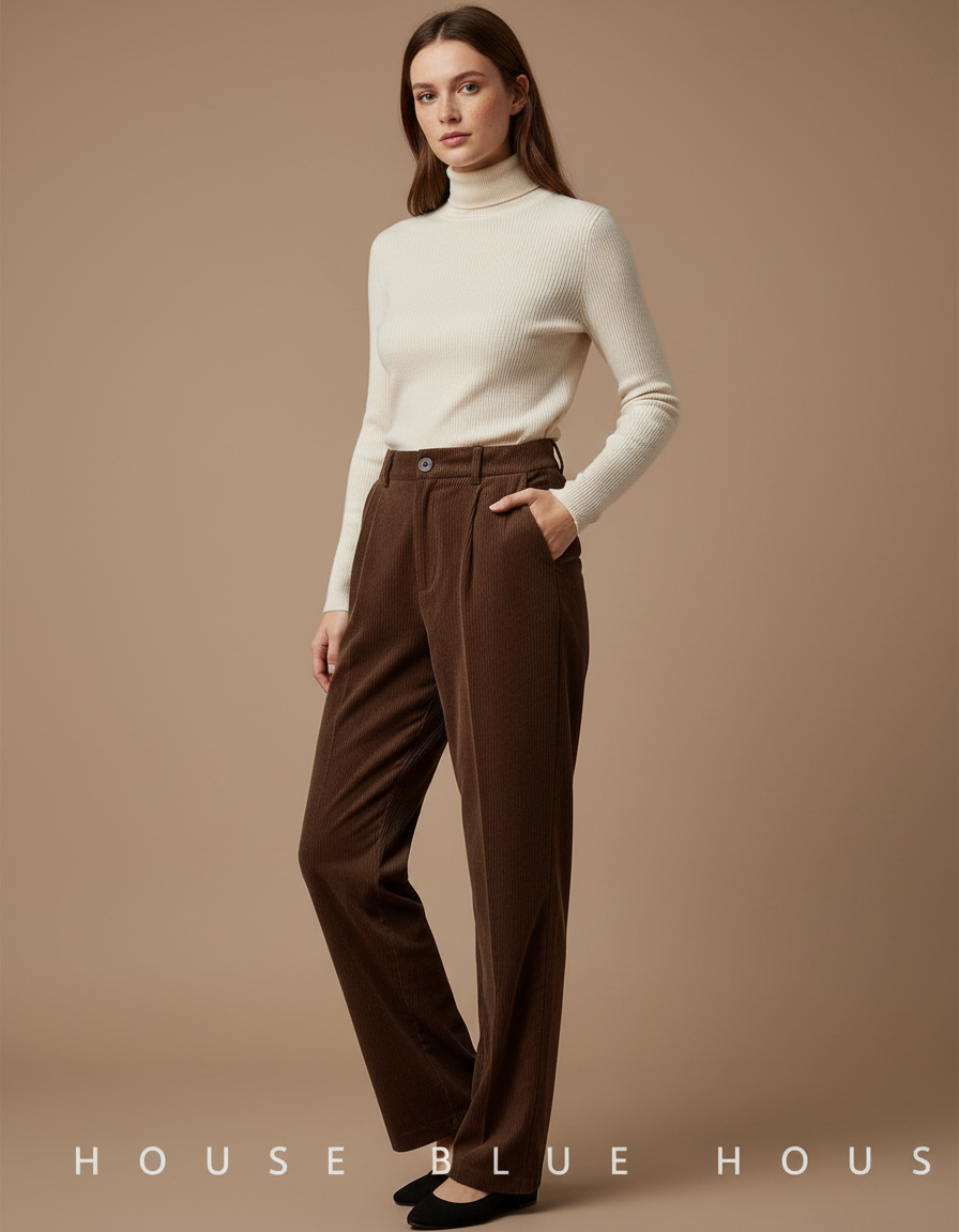 Pantalon Velours Marron Côtelé Taille Haute Droit
