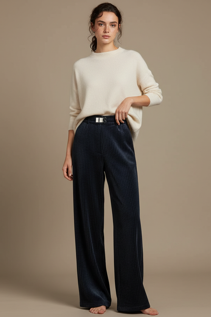 Pantalon Velours Bleu Marine Ample Côtelé Élastique - Cordé