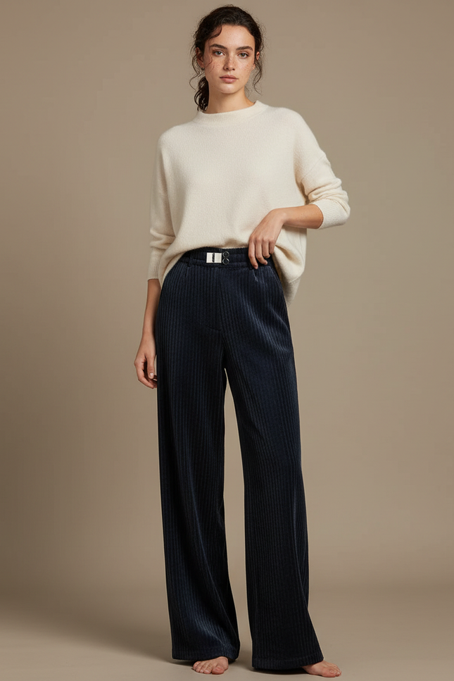 Pantalon Velours Bleu Marine Ample Côtelé Élastique - Cordé