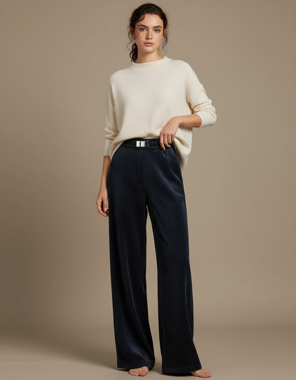 Pantalon Velours Bleu Marine Ample Côtelé Élastique - Cordé