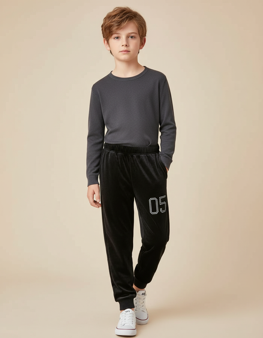Pantalon Velours Noir Garçon Sport Jogging Chiffre