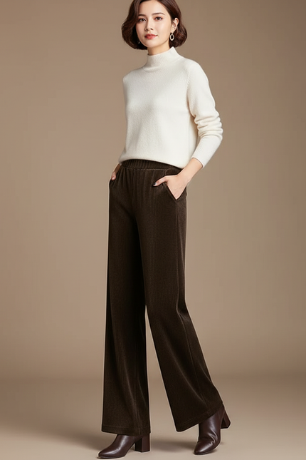 Pantalon Velours Marron Côtelé Large Droit Femme - Cordé