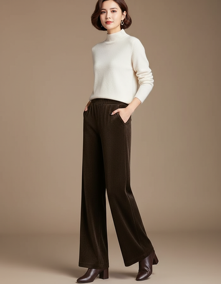 Pantalon Velours Marron Côtelé Large Droit Femme - Cordé