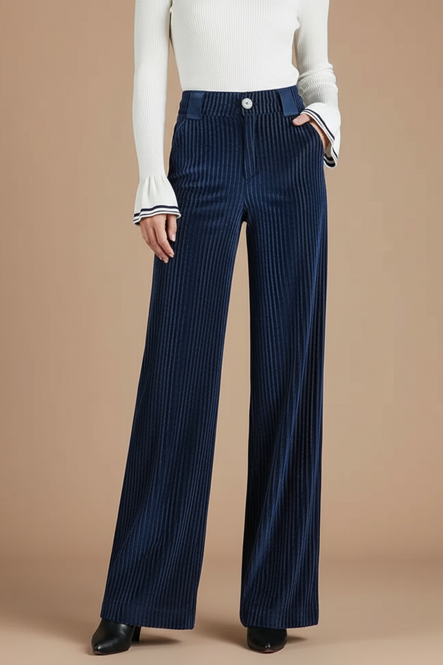 Pantalon Velours Côtelé Bleu Marine Large Femme - Cordé