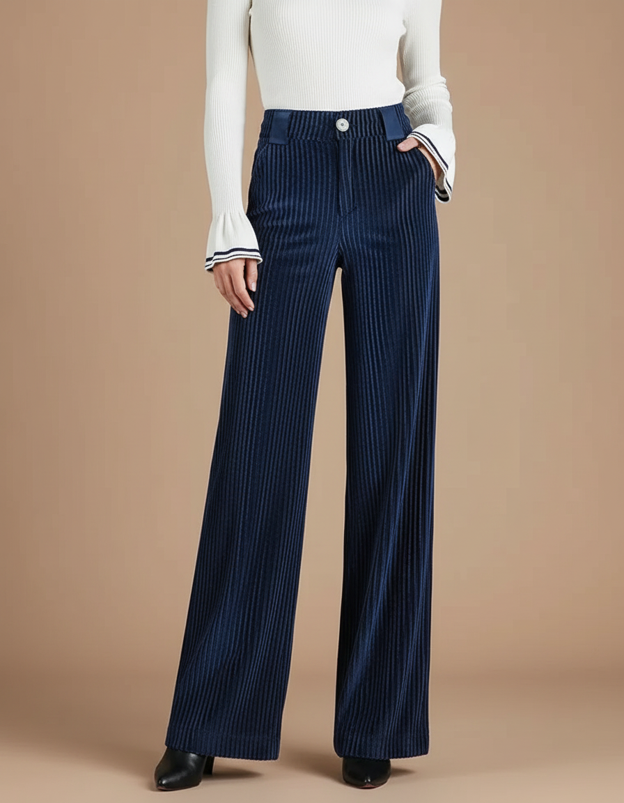 Pantalon Velours Côtelé Bleu Marine Large Femme - Cordé