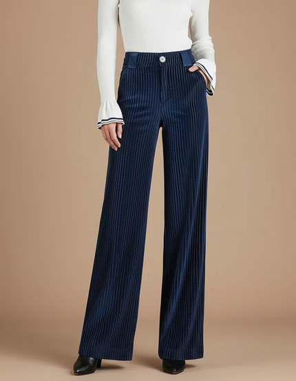 Pantalon Velours Côtelé Bleu Marine Large Femme - Cordé