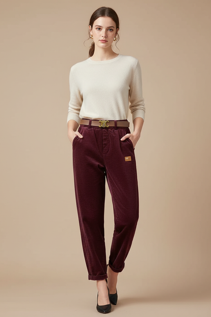 Pantalon Velours Bordeaux Côtelé Ample Taille Haute Femme - Cordé