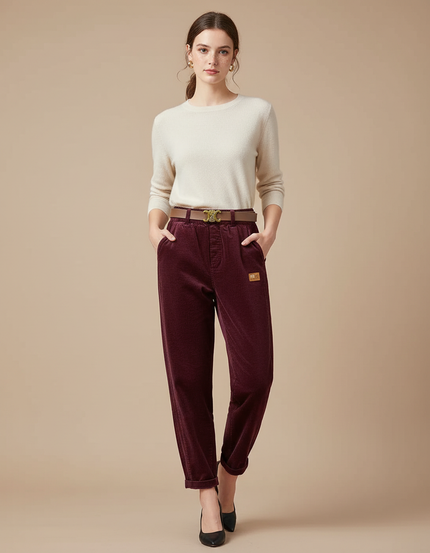 Pantalon Velours Bordeaux Côtelé Ample Taille Haute Femme - Cordé