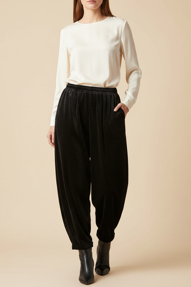 Pantalon Velours Noir Ample Harem Élastiqué Femme