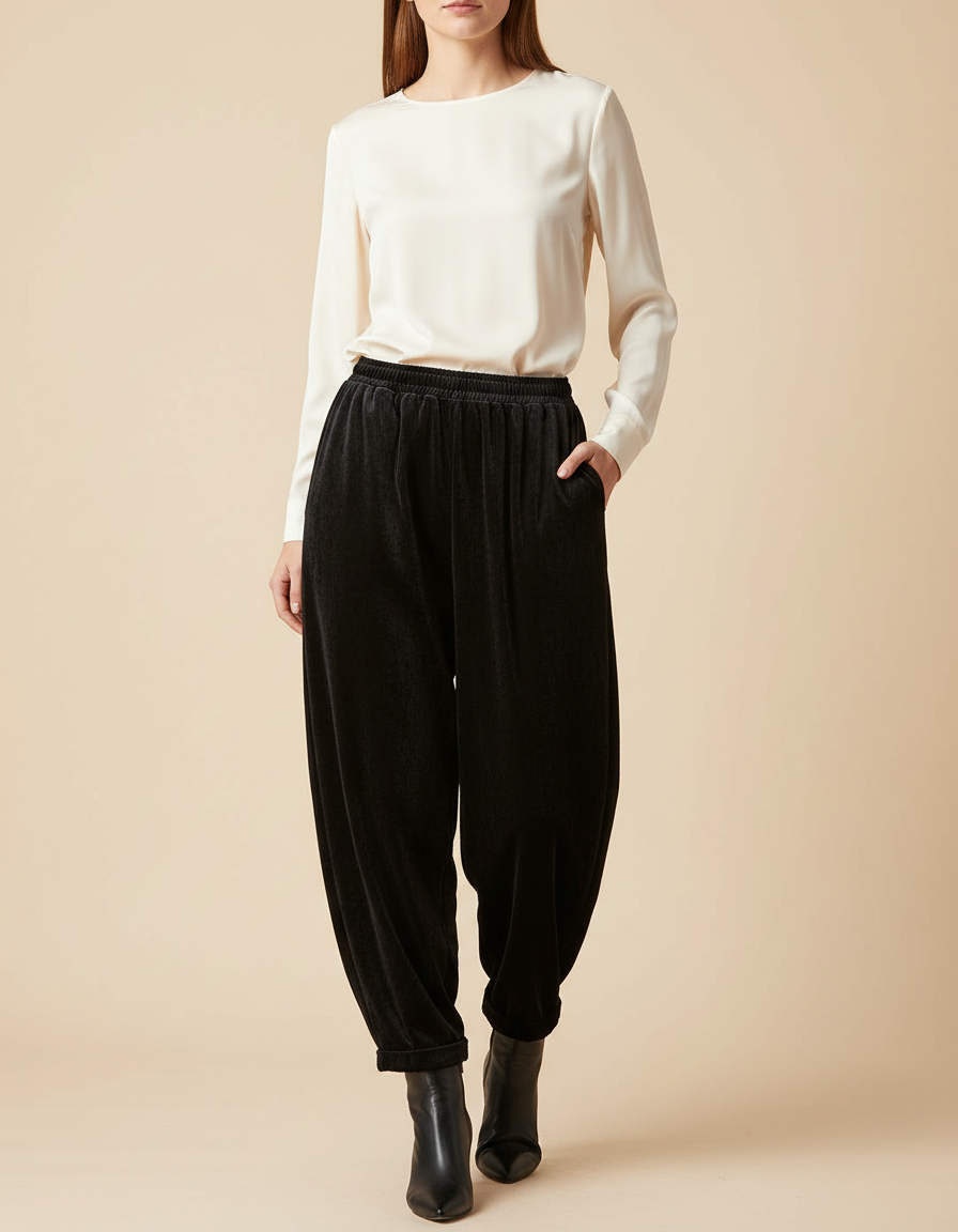 Pantalon Velours Noir Ample Harem Élastiqué Femme