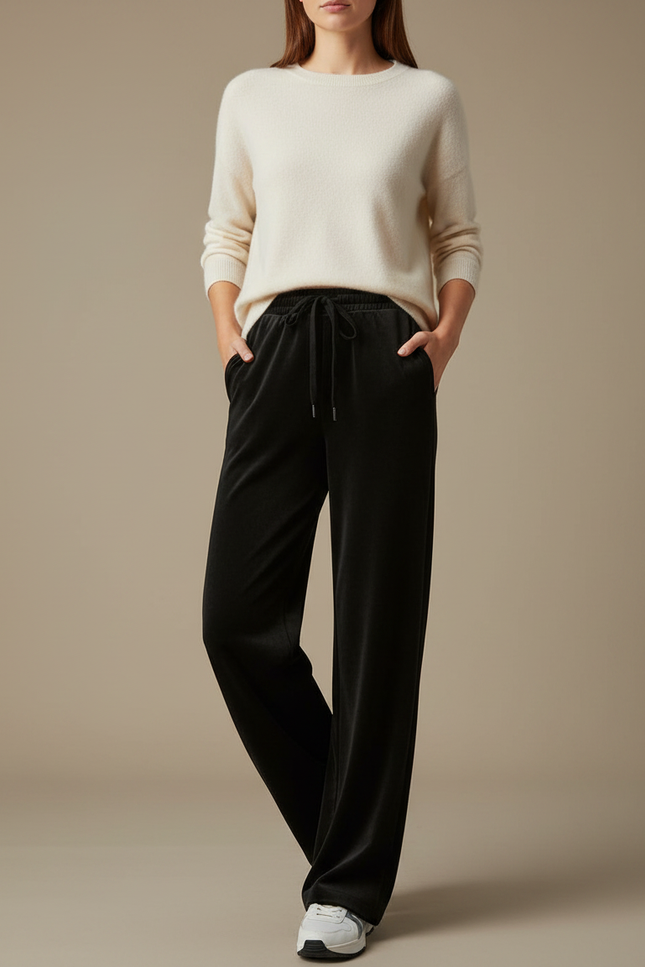 Pantalon Velours Noir Ample Fluide Cordon Femme