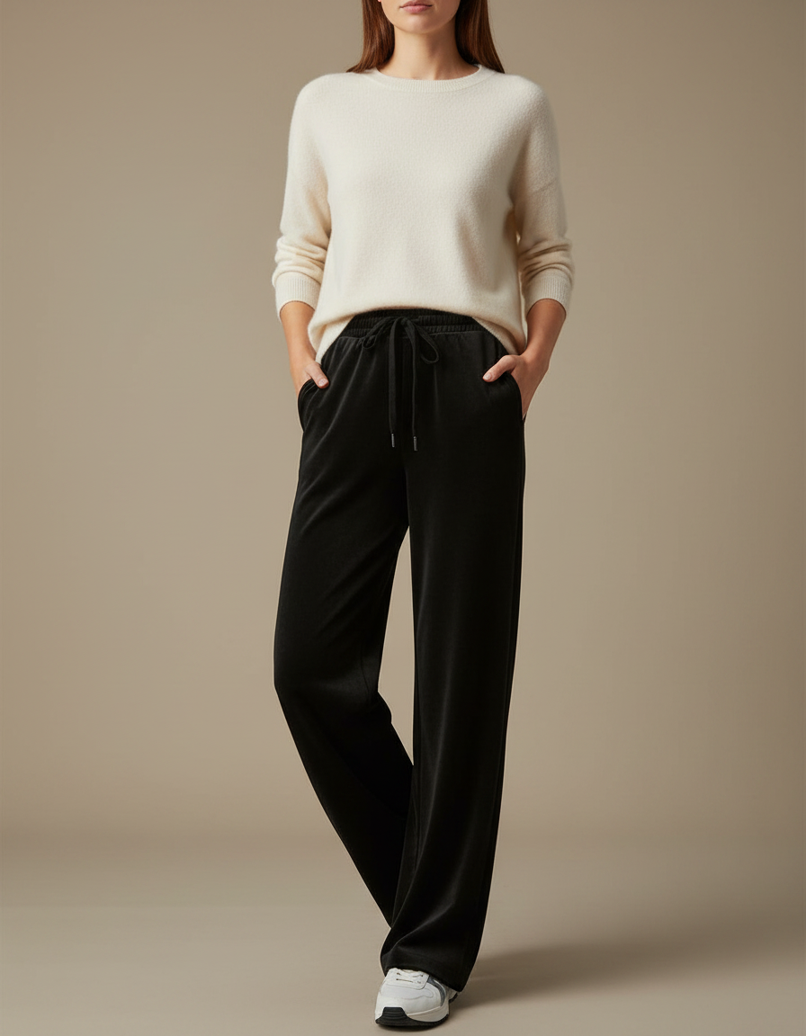 Pantalon Velours Noir Ample Fluide Cordon Femme