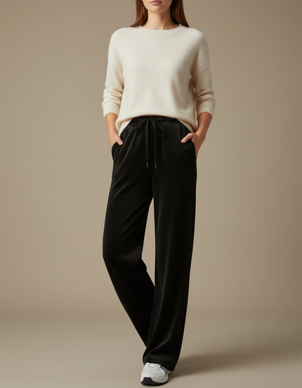 Pantalon Velours Noir Ample Fluide Cordon Femme