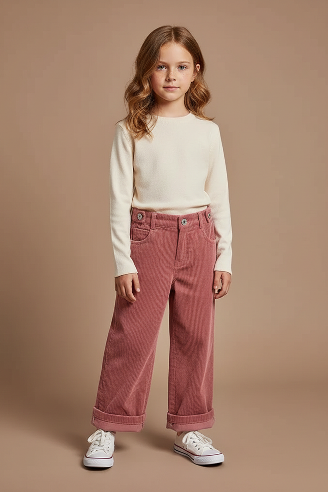 Pantalon Velours Vieux Rose Côtelé Ample Fille - Cordé
