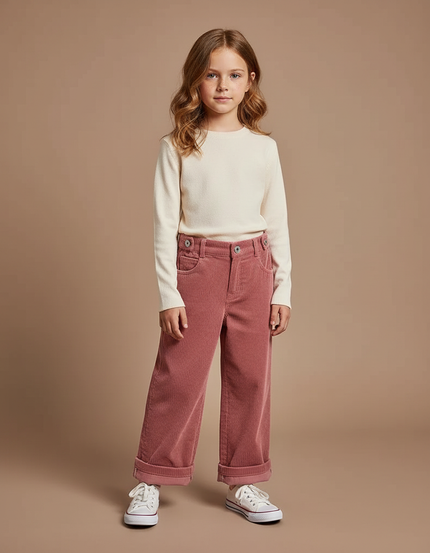 Pantalon Velours Vieux Rose Côtelé Ample Fille - Cordé