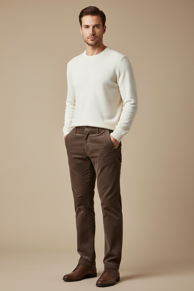 Pantalon Velours Côtelé Marron Droit Homme Élégant Casual