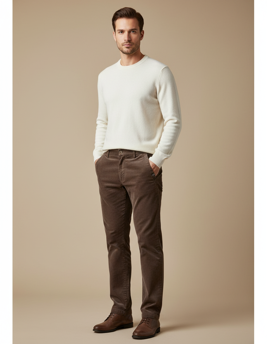 Pantalon Velours Côtelé Marron Droit Homme Élégant Casual