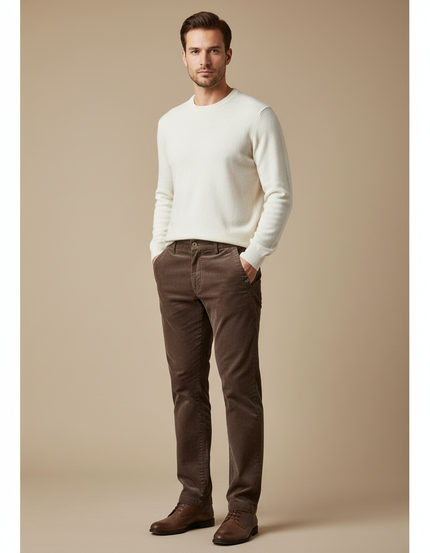 Pantalon Velours Côtelé Marron Droit Homme Élégant Casual