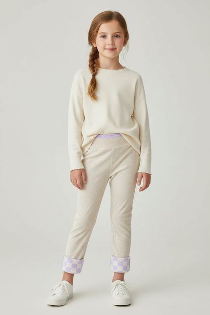 Pantalon Velours Beige Enfant Doux Damier Mauve