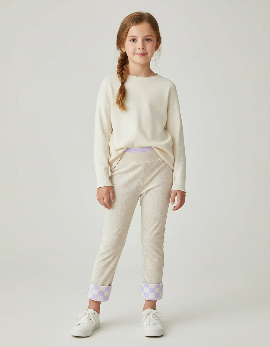 Pantalon Velours Beige Enfant Doux Damier Mauve