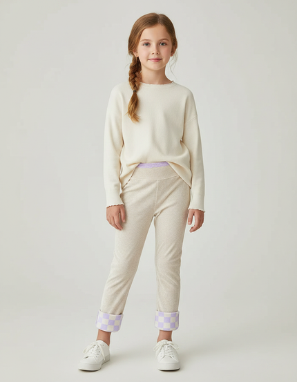 Pantalon Velours Beige Enfant Doux Damier Mauve