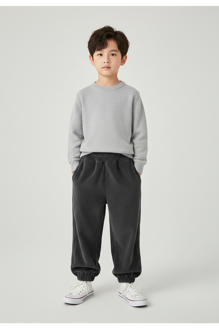 Pantalon Velours Enfant Côtelé Gris Foncé Élastique Décontracté Hiver - Cordé