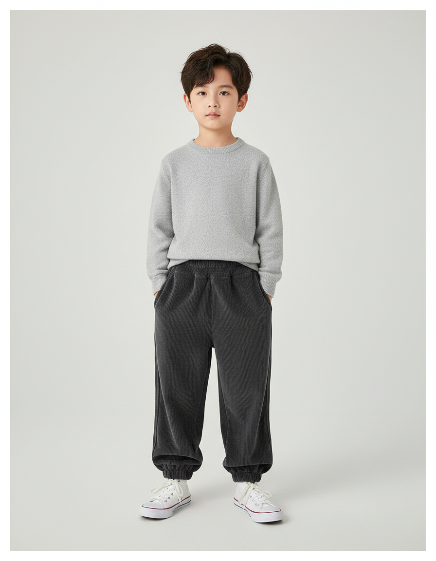 Pantalon Velours Enfant Côtelé Gris Foncé Élastique Décontracté Hiver - Cordé