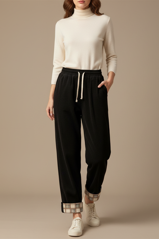 Pantalon Velours Noir Côtelé Droit Plaid Décontracté - Cordé