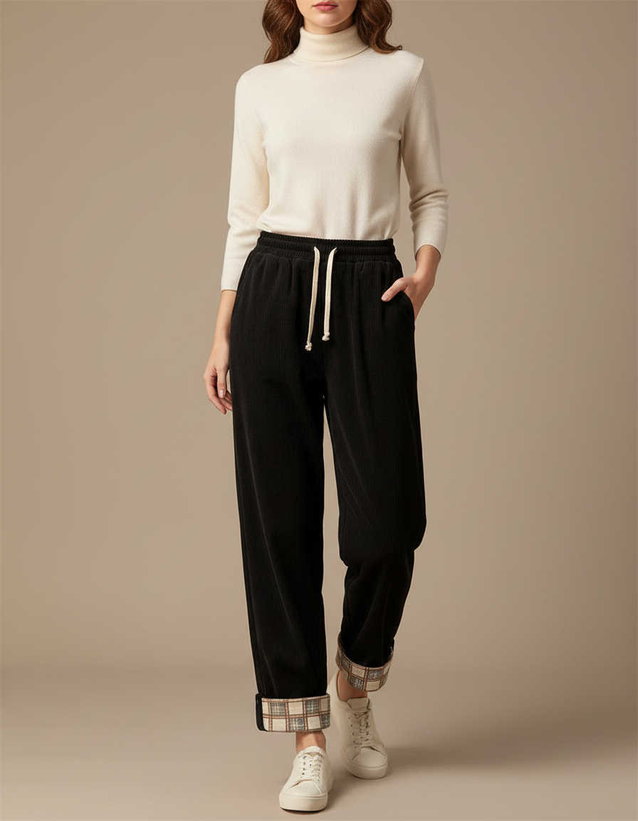 Pantalon Velours Noir Côtelé Droit Plaid Décontracté - Cordé