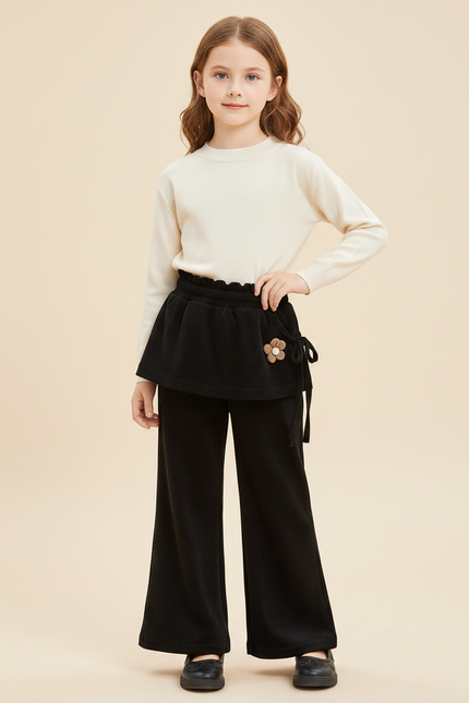Pantalon Velours Noir Côtelé Ample Jupe Fleur Fille - Cordé