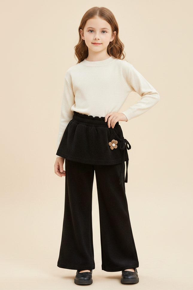 Pantalon Velours Noir Côtelé Ample Jupe Fleur Fille - Cordé
