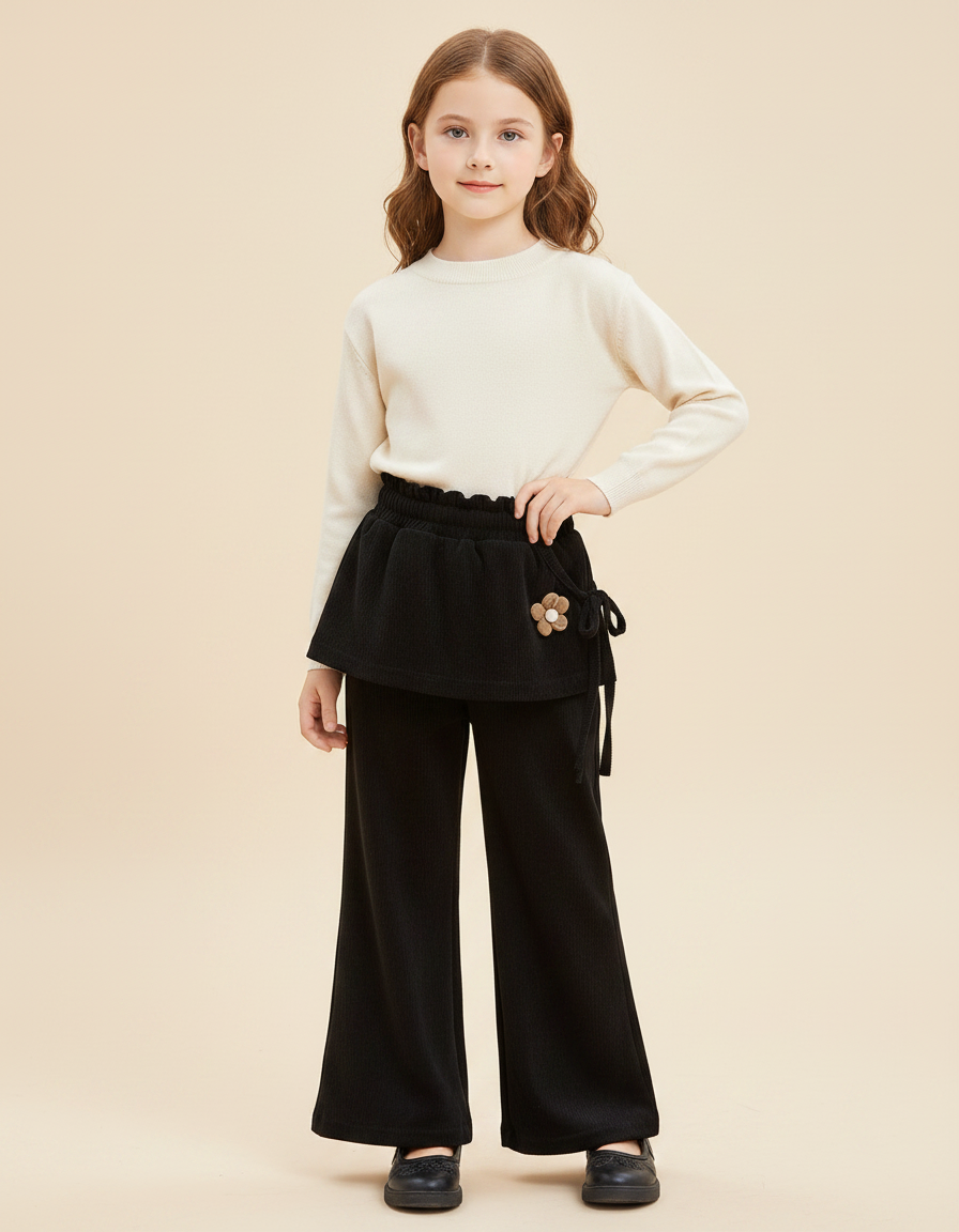 Pantalon Velours Noir Côtelé Ample Jupe Fleur Fille - Cordé