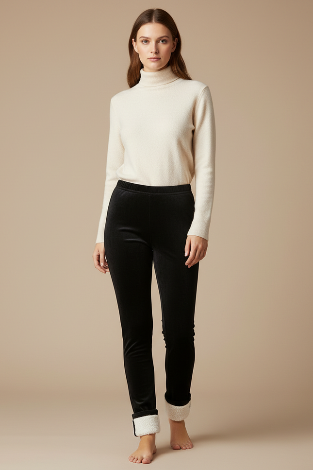 Pantalon Velours Noir Slim Doublé Molletonné Femme
