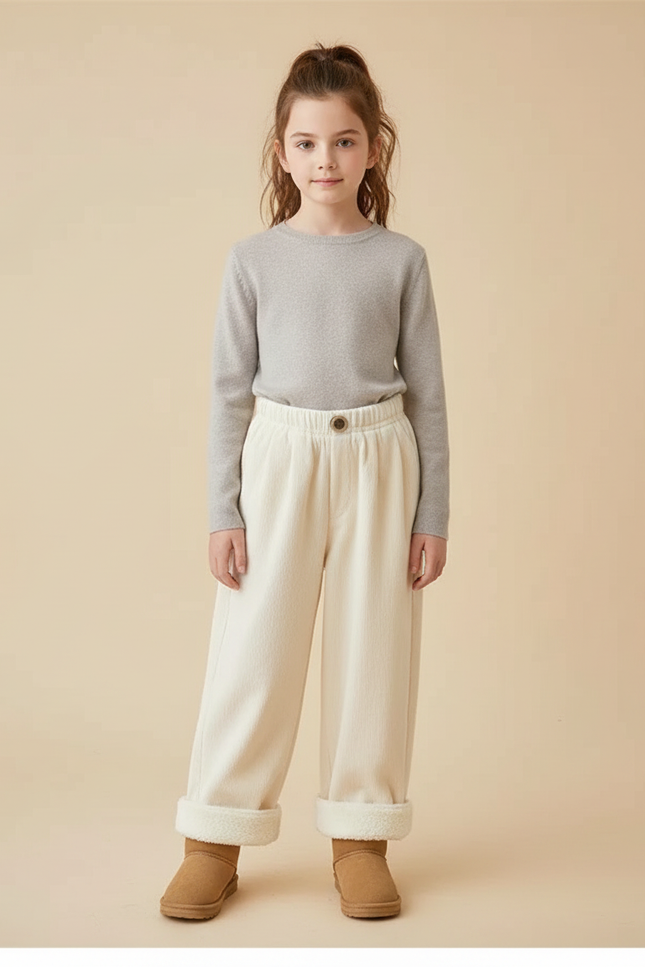 Pantalon Velours Crème Ample Doublé Chaud Enfant - Beige