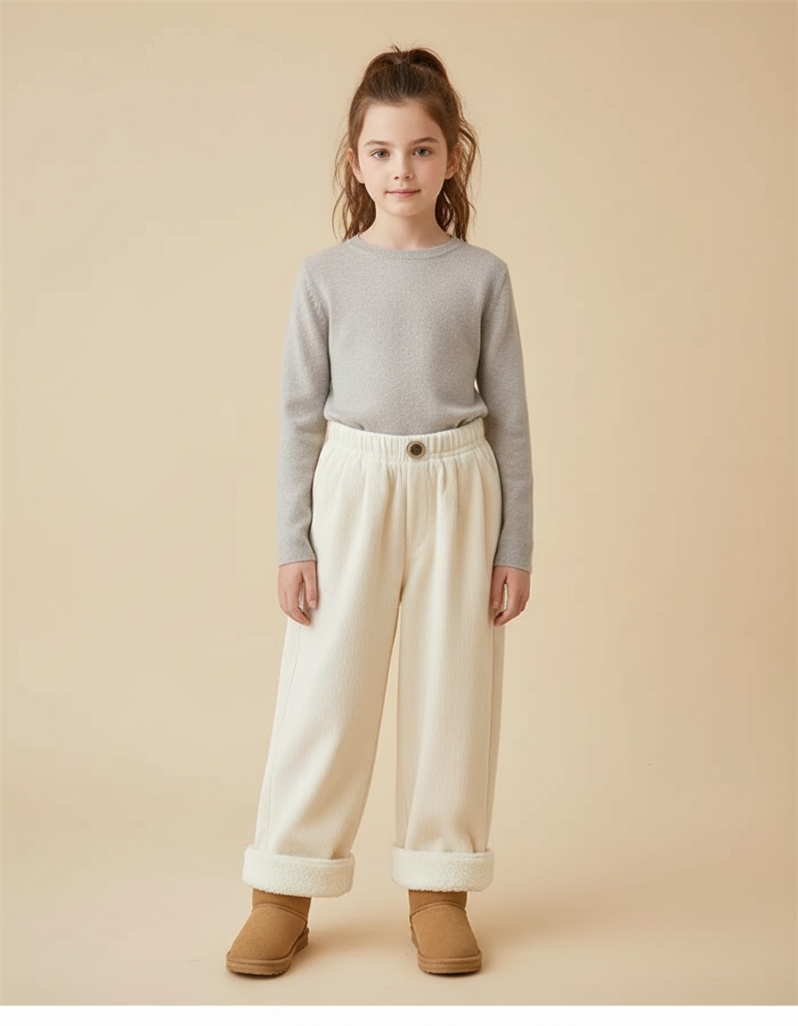 Pantalon Velours Crème Ample Doublé Chaud Enfant - Beige