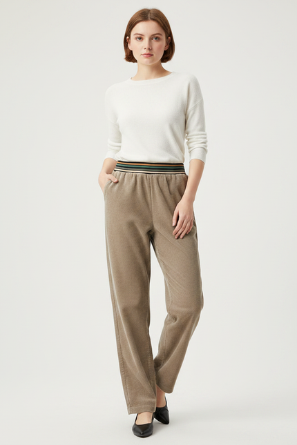 Pantalon Velours Côtelé Marron Ample Taille Élastique - Kaki Cordé