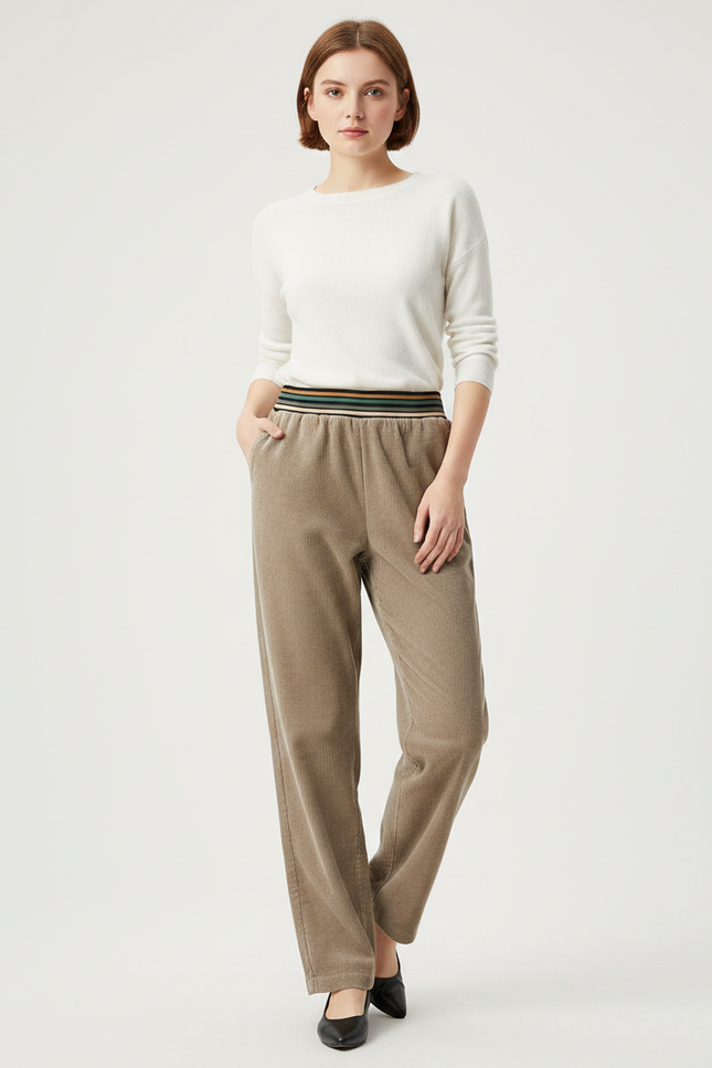 Pantalon Velours Côtelé Marron Ample Taille Élastique - Kaki Cordé