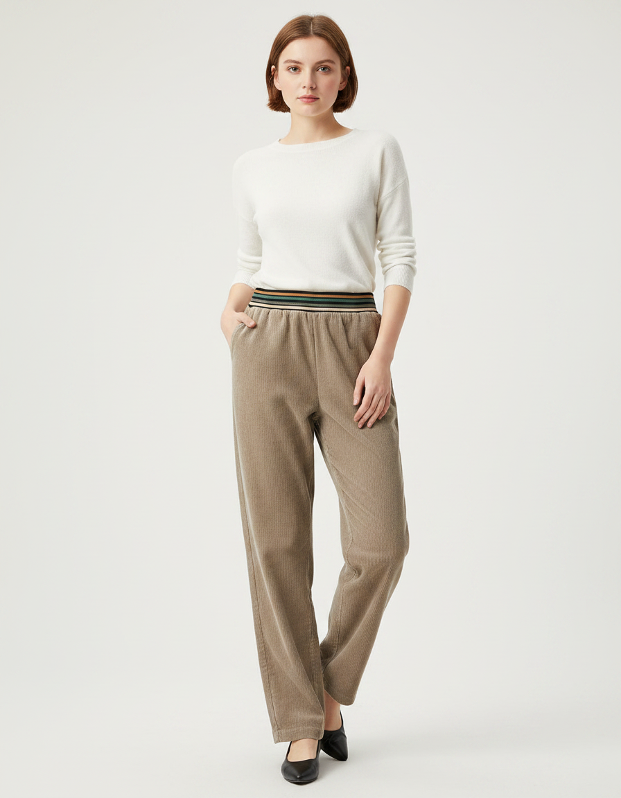 Pantalon Velours Côtelé Marron Ample Taille Élastique - Kaki Cordé