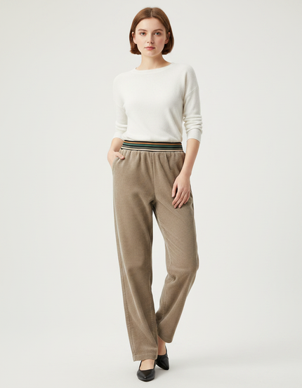 Pantalon Velours Côtelé Marron Ample Taille Élastique - Kaki Cordé