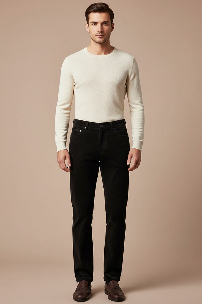 Pantalon Velours Noir Côtelé Droit Homme Classique Stretch