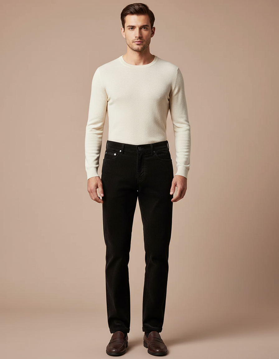 Pantalon Velours Noir Côtelé Droit Homme Classique Stretch