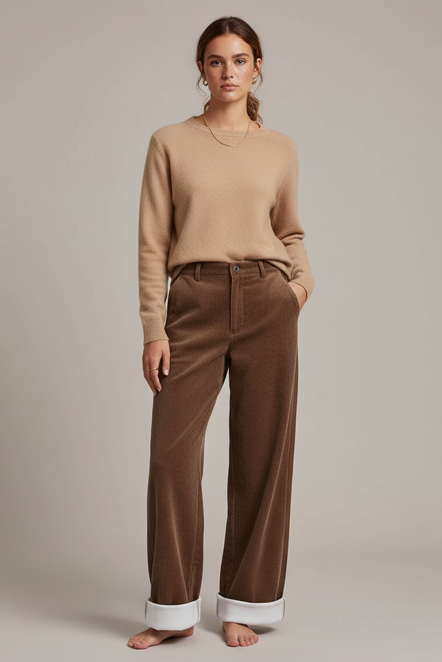 Pantalon Velours Marron Large Doublé Moelleux Femme - Cordé