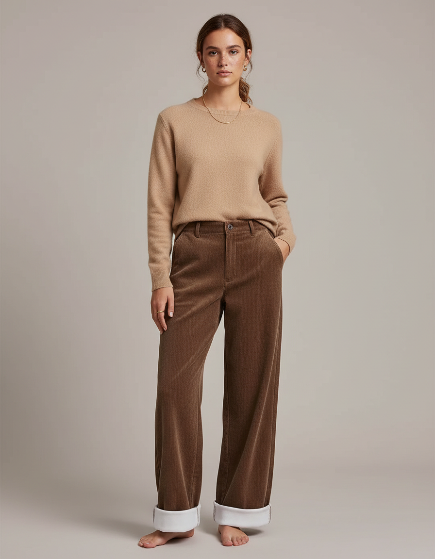 Pantalon Velours Marron Large Doublé Moelleux Femme - Cordé
